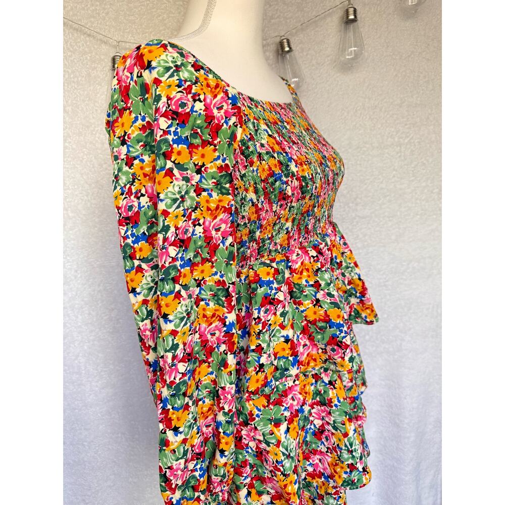 Hailey & Co Colorful Floral Long Sleeve Tiered Romper Mini Dress Women's Small - Picture 5 of 11